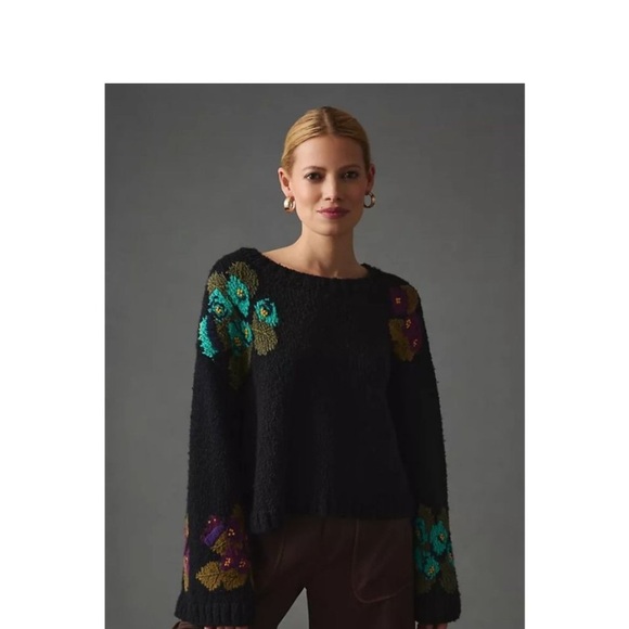 Anthropologie Maeve Embroidered Flowers Cropped Sweater Size Medium NWT - Picture 3 of 16